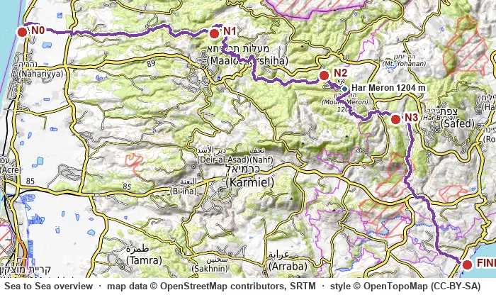 Overview map of the Sea to Sea trail with the four nights